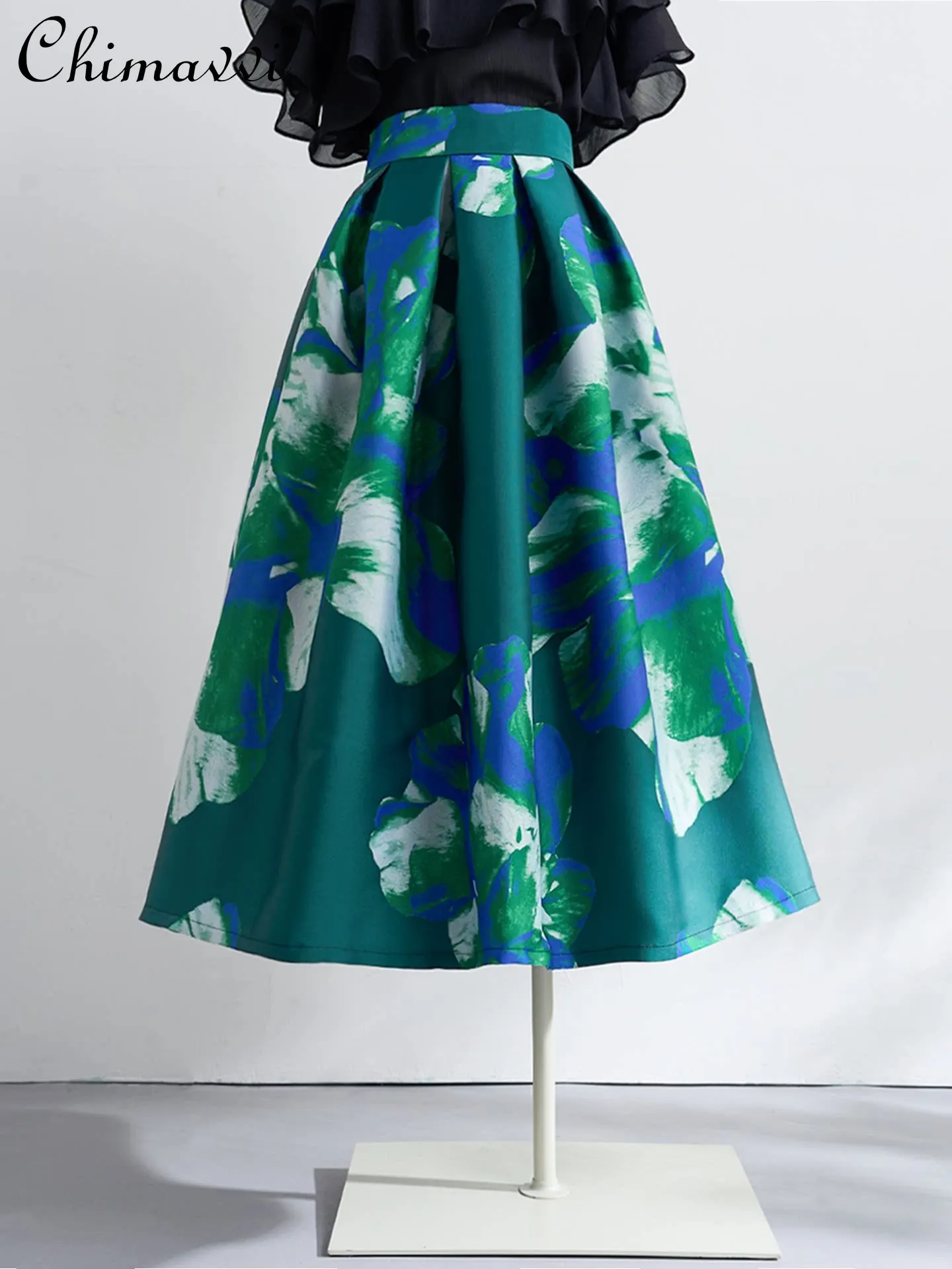

French Elegant Vintage Fashion Printed Pleated Skirts High Waist Slim A-line Temperament Versatile Long Skirt Women Summer 2026