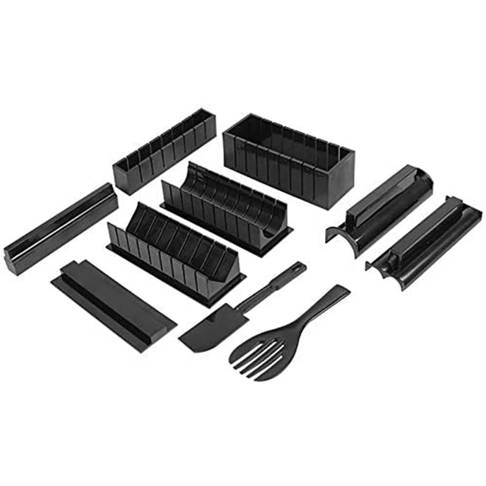 

10pcs/set DIY Sushi Mould Pro Japanese Cuisine Maker Tool Plastic with Rice Roll Mold Fork Spatula Tools Black Kitchen Supplies
