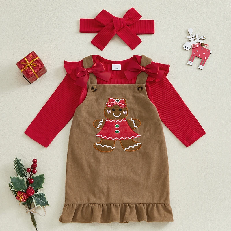 Newborn Baby Girls Clothes Sets Xmas Outfit Long Sleeve Romper Gingerbread Man Dress Headband Costume