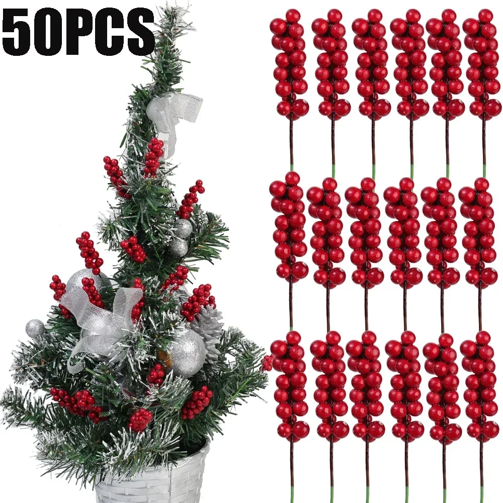 50/1PCS Artificial Red Berries Fake Flowers Branches Xma Tree Ornaments DIY Decorations Christmas Gifts Festive Party Supplies