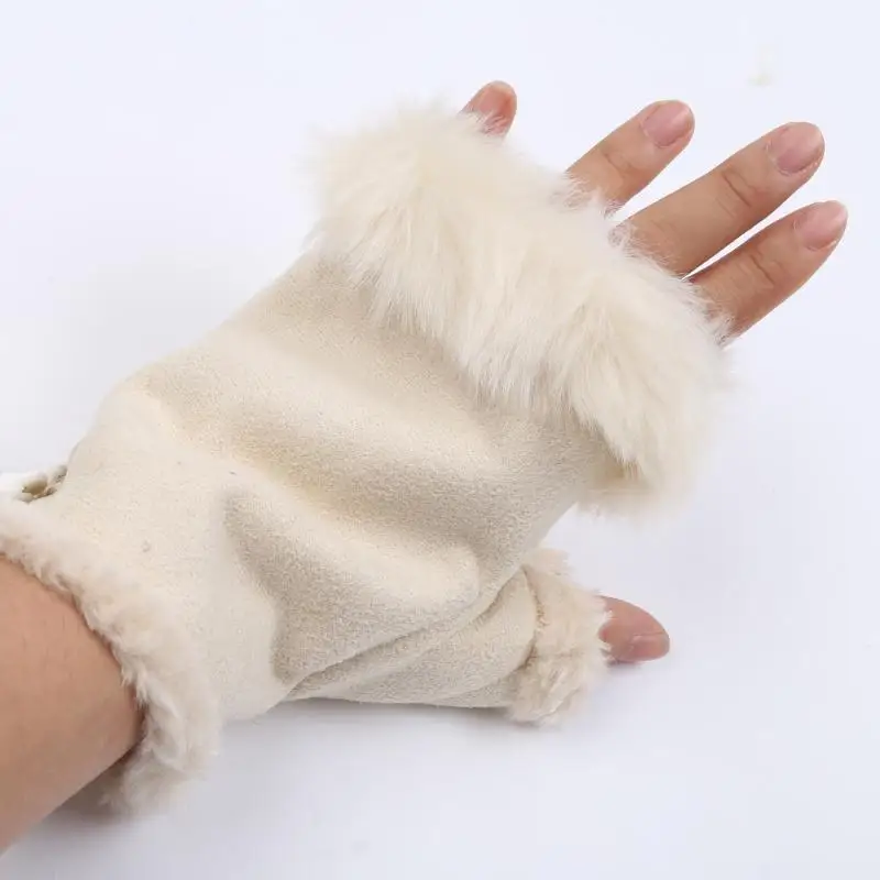 R1WE – gants épais en peluche, demi-doigts, mitaines doublées en polaire, couleur unie, en fausse fourrure lapin, pour sur
