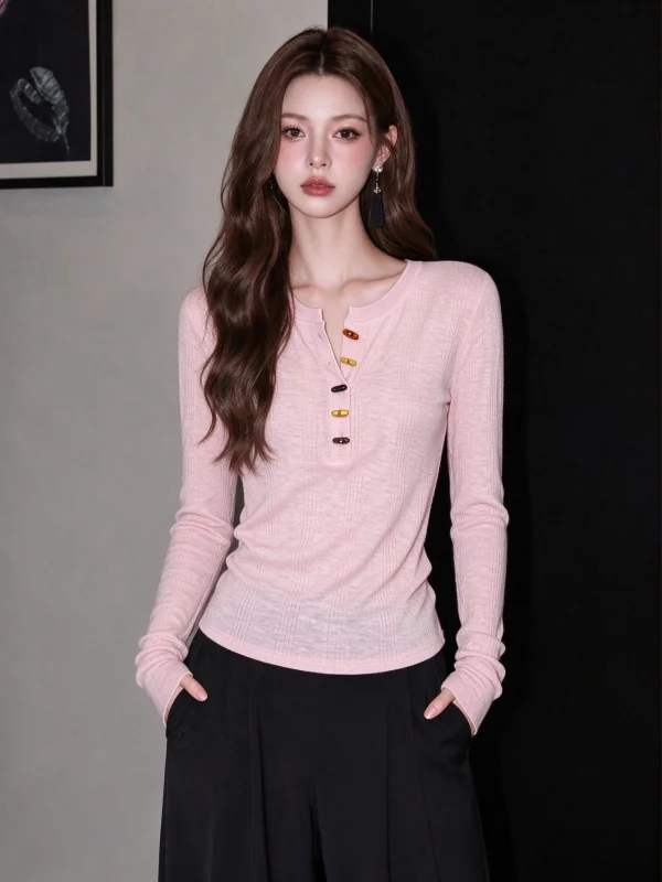 Slim Fit Henry Collar Long Sleeve T-Shirt Women's Base Shirt Inner Wear Pink Korean Style Autumn Casual Top Button Closure