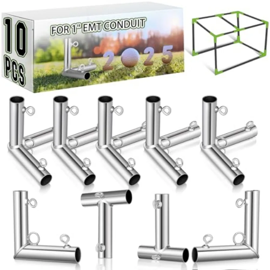 

10 Pieces 1'' Golf Frame Corner Kit Canopy Fittings with Threaded Eye Bolts for EMT Conduit 10' L x 10' W x 10' H DIY Golf Prac