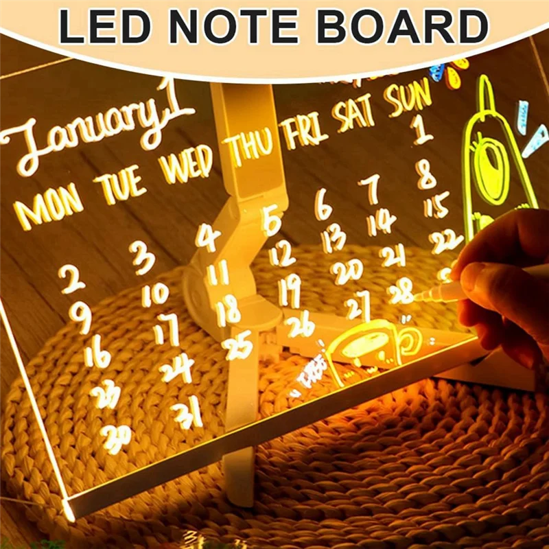 E-fácil de usar-2025 LED Color Note Board Acrílico Suporte Ajustável Placa de Mensagens, 7 Canetas Coloridas, 20X20cm.