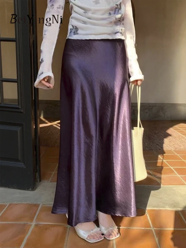 Beiyingni 2025 Jesień Zima Damskie Satynowe Długie Spódnice Eleganckie Luksusowe Codzienne Dopasowane Francuskie Biurowe Spódnice Syreny Ubrania