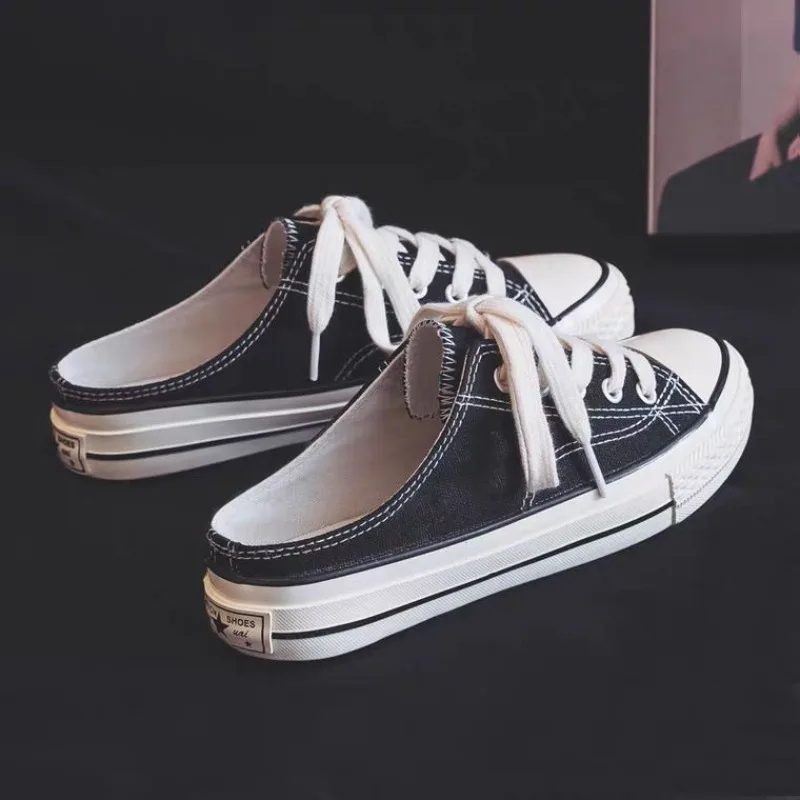 Fashion Women's Canvas Mules Sneakers 2026 New Slip on Half Slippers Casual Low Top Backless Shoes for Women Zapatos Casuales