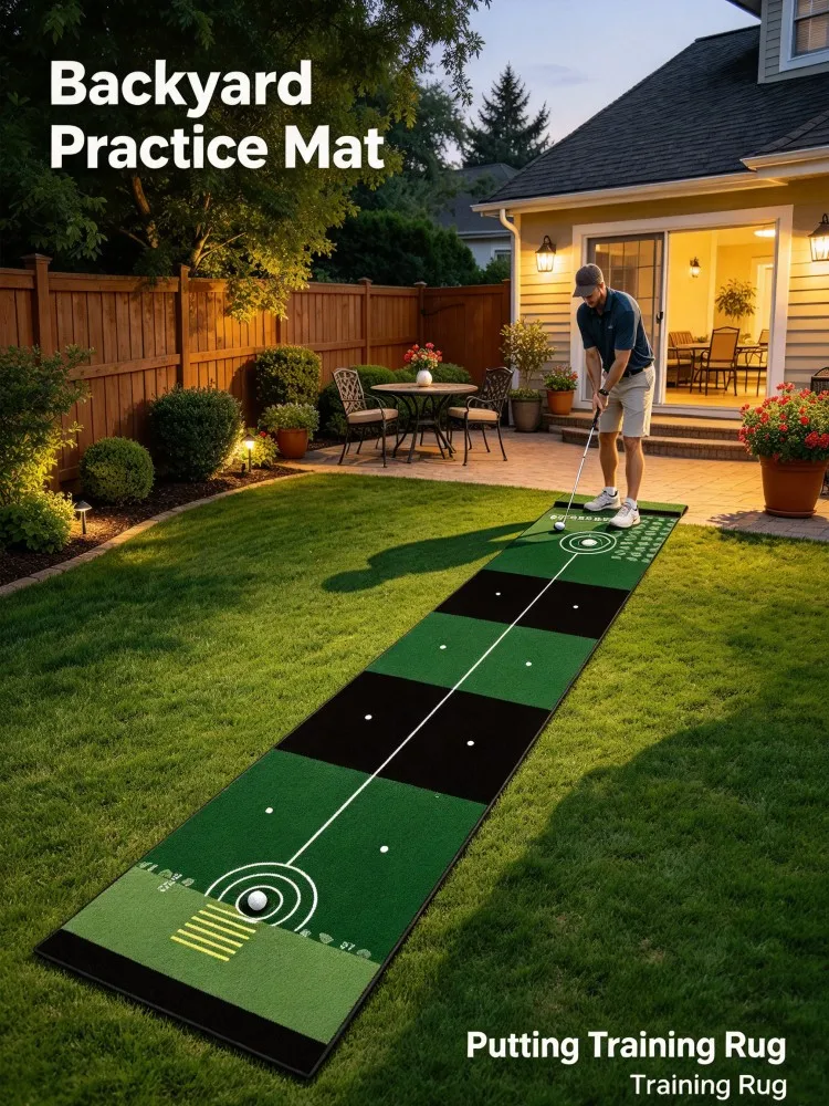 Green Black Golf Putting Training Mat, Long Practice Rug with Target Distance Markings, Portable Non-slip Indoor Backyard Gar