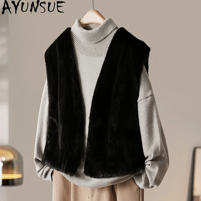 

AYUNSUE Real Mink Fur Vest Women Clothes 2025 Luxury Real Fur Vests for Woman Patchwork Mink Autumn Winter Jacket Шуба Женская