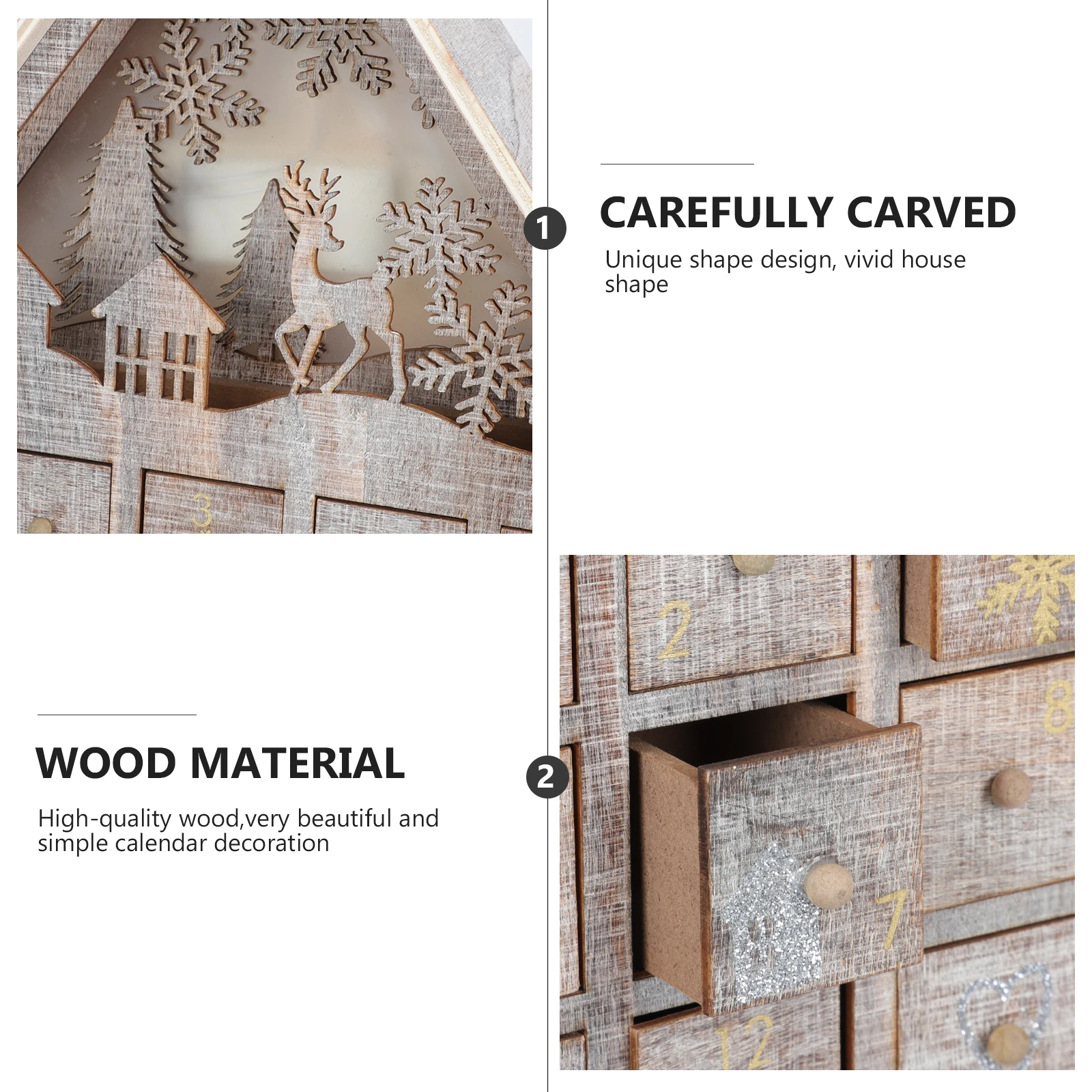 

1pc Christmas Countdown Calendar Wooden House Ornament Gift Holding Drawer Fine Carved Wood Desktop Decor Luminous Adornment