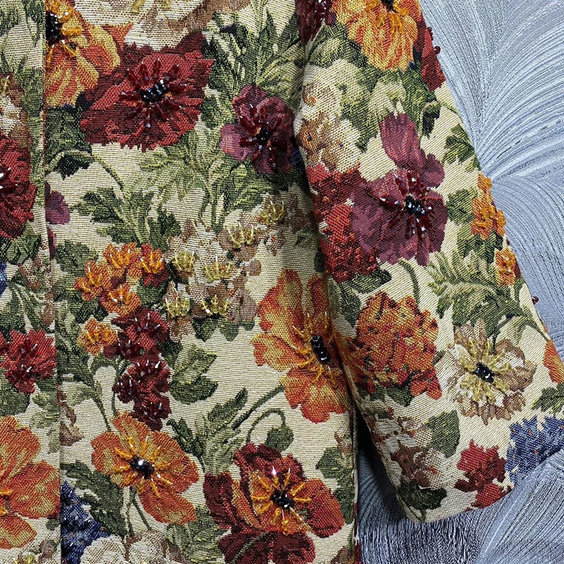 DLDENGHAN Autumn Covered Button Beading Coat Women O-Neck Three Quarter Sleeves Flower Print Vintage Outerwear Fashion Designer