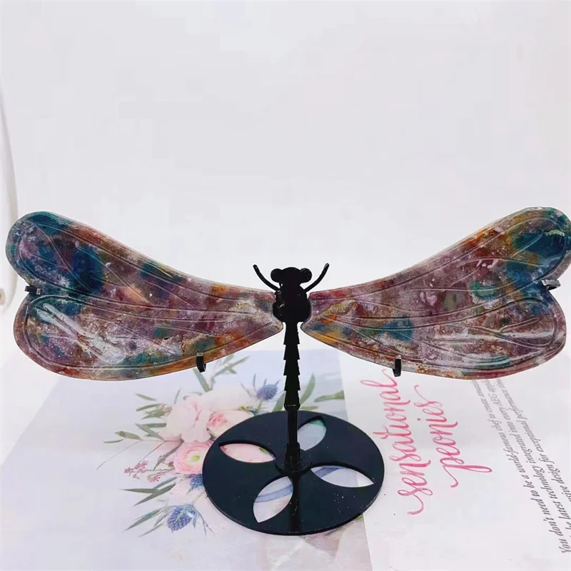 Natural Ocean Jasper Dragonfly Wings Carving Sculpture Quartz Healing Energy Gemstone Crafts For Home Decoration 1Pair