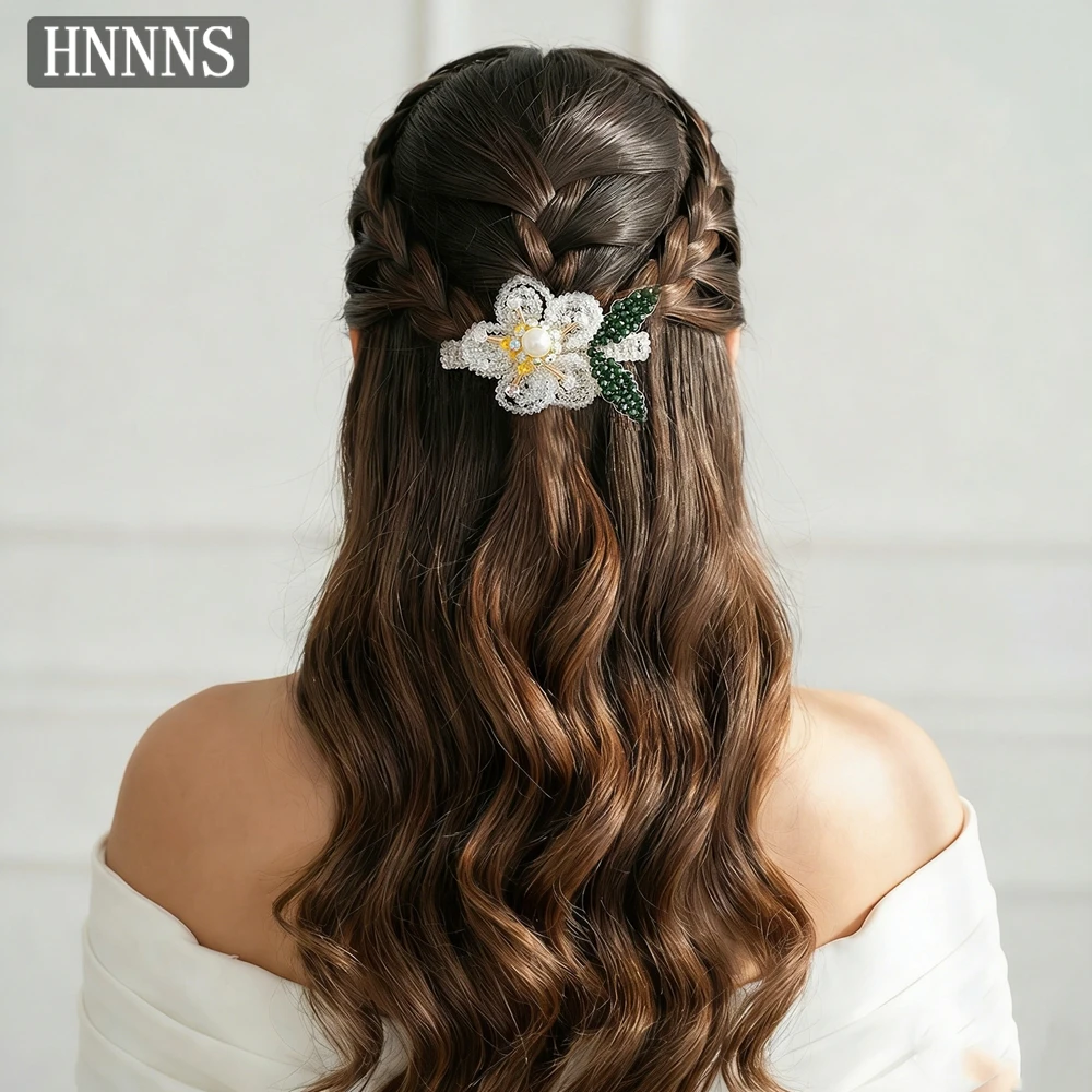 hnyyx-ウェディングパーティー-花嫁用ヘアアクセサリー-手作りビーズフラワー-ブライダルヘアクリップ-グリーンクリスタルリーフ-パールヘアバレッタ-a78