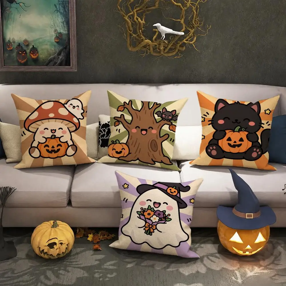 Cute Halloween Cushion Decor Cushion Cover Halloween Rustic Throw Pillow Covers, Cute Ghost Pumpkin Maple Leaf Cushion Covers
