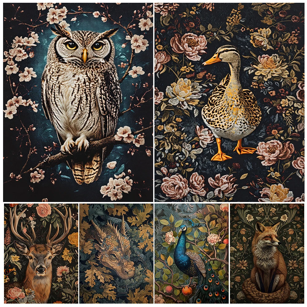 

Cottagecore Dark Academia Decor Poster,Forest Fox,Peacock,Owl,Crocodile,Dragon,Vintage Wall Art Canvas Painting,Home Decoration