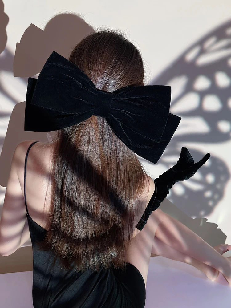 Vintage Black Big Large Velvet Bow Hair Clip For Women Girls Wedding Long Ribbon Korean Hairpins Barrette Hair Accessories