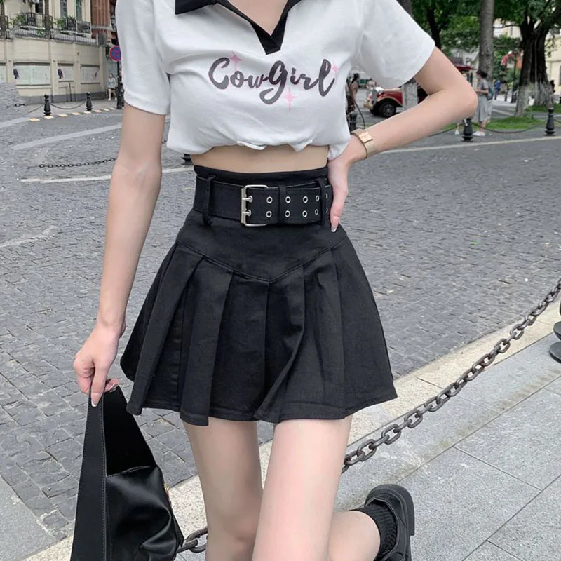 Lucyever koreanische Falten röcke mit hoher Taille Frauen Sommer Khaki schwarz mit Gürtel A-Linie Rock Frau All-Match Streetwear Minirock