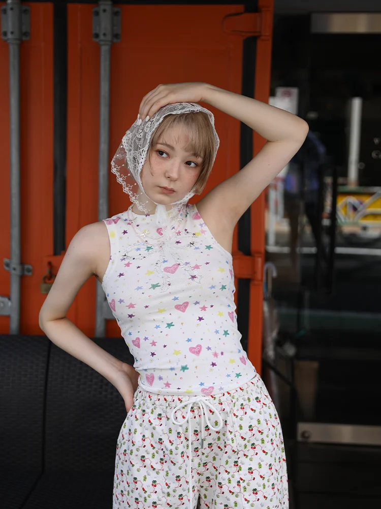 

Slimming Printed Heart aped Rhinestone Women's Tank Top Svel Workwear Sle Sweet Sle Summer Thin Fabric Inner Wear