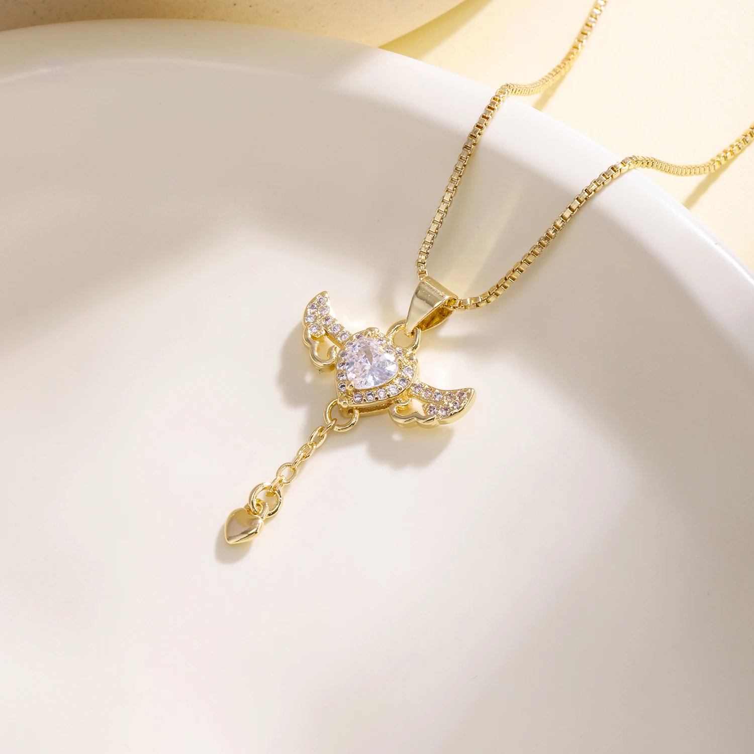 Nidin Angel Wing Heart Tassel Necklace For Women Zircon Cupid Love Pendant Clavicle Chain Fashion Jewelry Valentine's Day Gifts