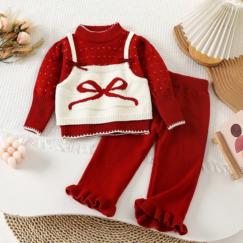

Новинка 2023 года, осенне-зимний комплект одежды для маленьких девочек от 2 до 6 лет, детский вязаный костюм, вязаный пуловер с длинными рукавами, топы + штаны