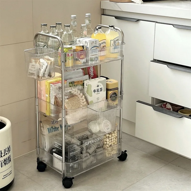 3/4 Layers Rolling Trolley Storage Rack Transparent Movable Trolley With Hanging Basket Bathroom Storage Makeup Snack Organizer