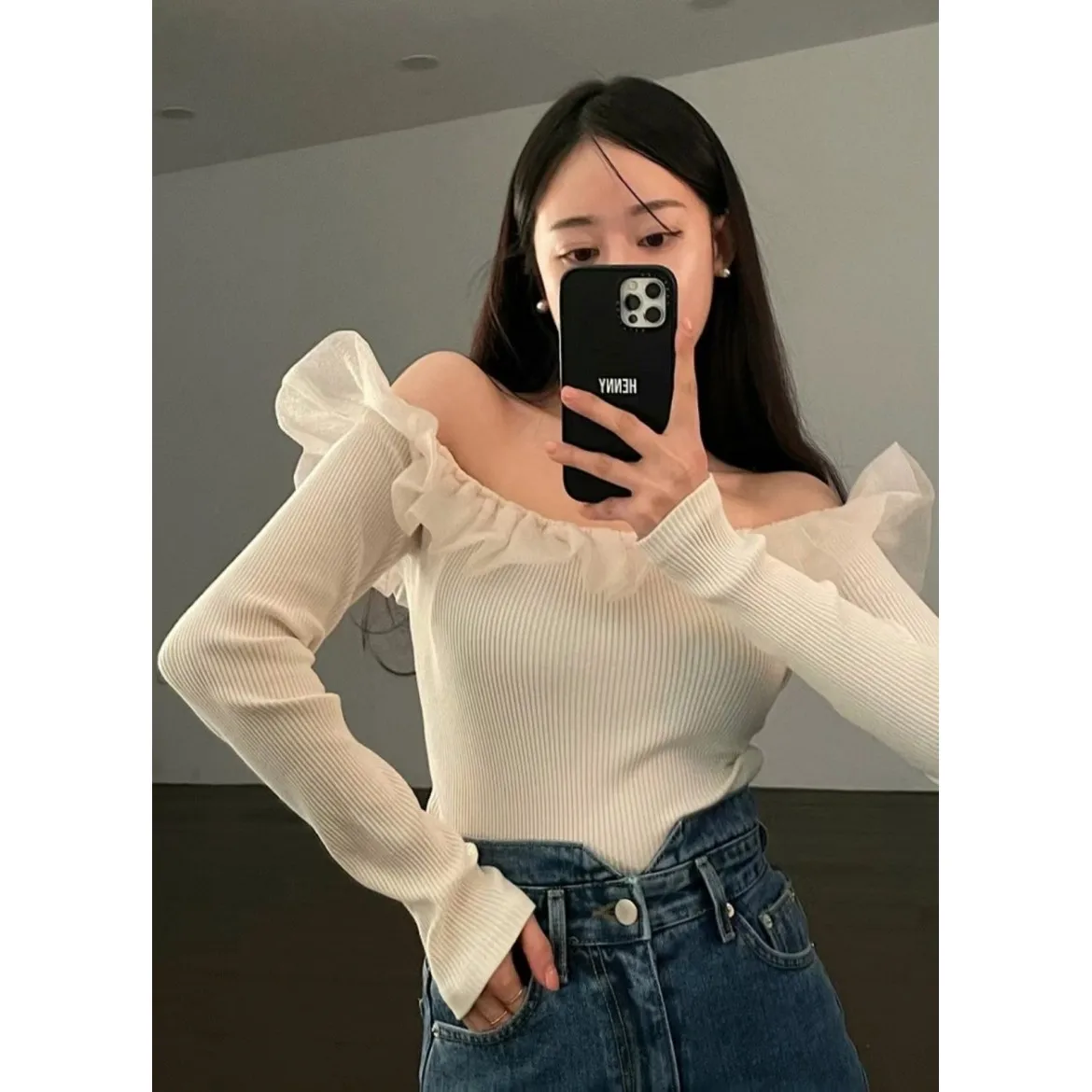 

Ele Long Sve Knitted Sweater Women's Slim Fit One oulder Ruffle Pure Color Commute Sle Spring Faion