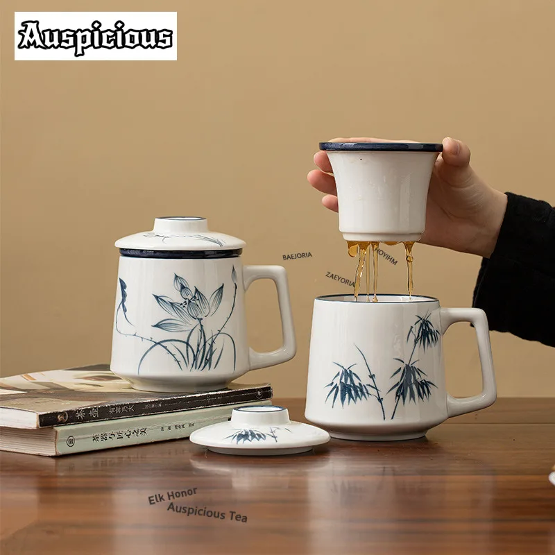 430ml Hand-painted Lotus Filter Tea Separator Cup Zen Tea Mug with Infuser Handgrip Cups Tea Maker Office Water Cup Tea Services