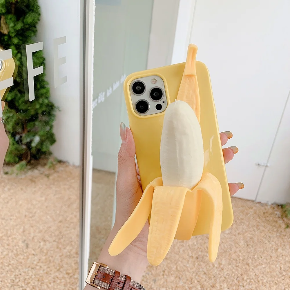 Funny 3D Stress Reliever Peeled Plush banana Phone Case For iPhone 14 11 12 13 Pro X XS Max XR 7 8 6 Plus 5 SE Silicone Cover