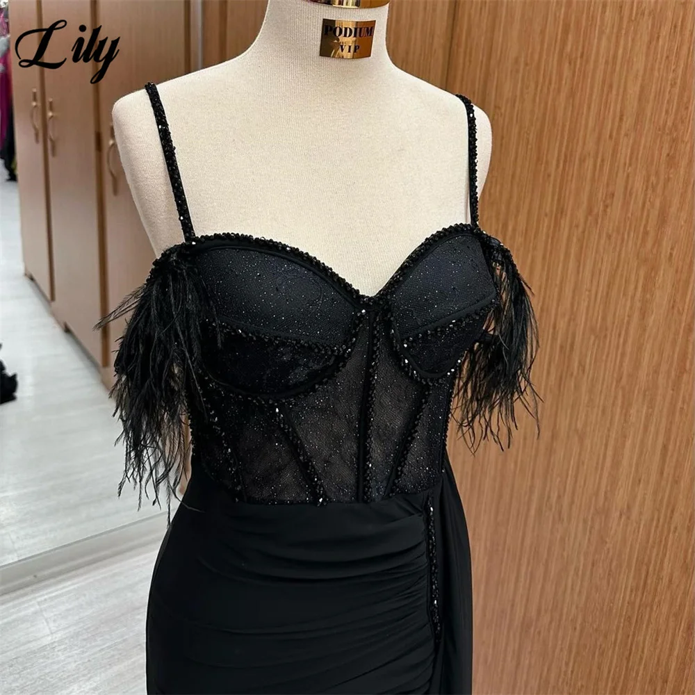 Lily Spaghetti Strap Prom Dresses Sweetheart Mermaid Sexy Evening Dress Stain Formal Dresses With Feather Sequin Party Dress