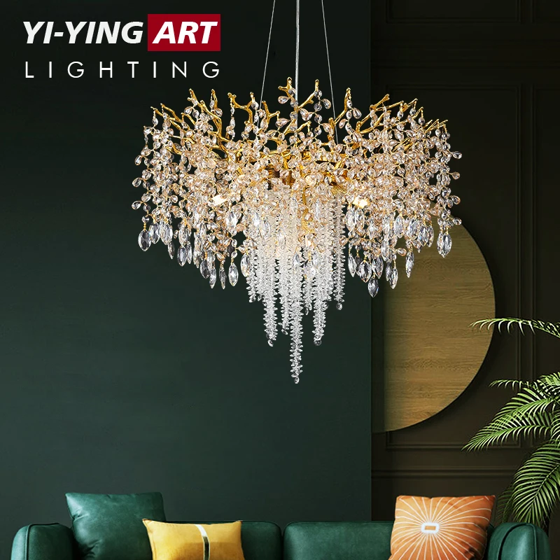 Light luxury Living Room Lamp Art Aluminum Branch Crystal Pendant Lamp French Luxury High-end Villa Restaurant Bedroom Lighting