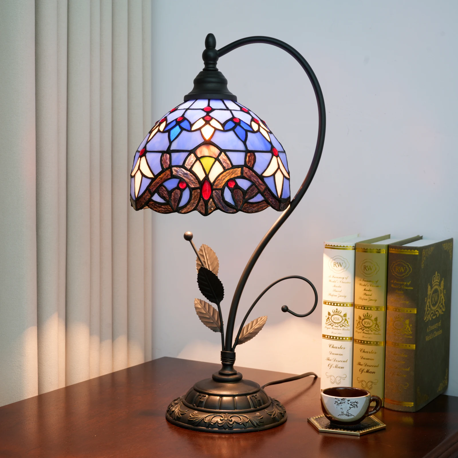 Baroque Style Table Lamp Floral Stained Glass Lamp S Leaves Vintage Desk Light for Bedside Living Room Office