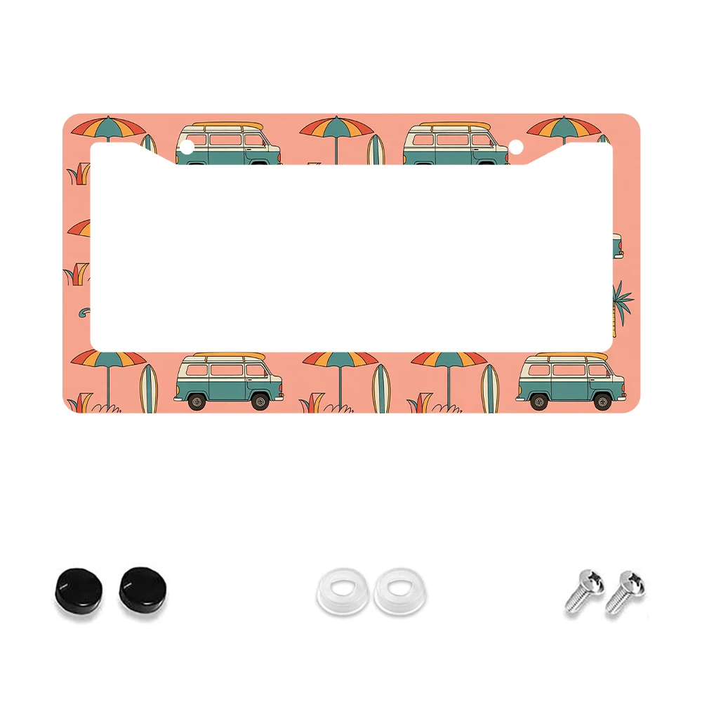

1pc Pink Colorful Van and Umbrella Pattern 2 Hole License Plate Frame, Aluminum Material, 6x12 Inches with Screw Set, Retro Nov