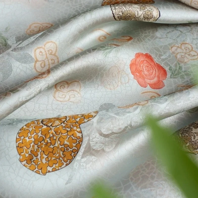 

Light Blue Grey Fortune Flower Cloud 100% Human Silk Jacquard Fabric Silky Chinese Style for Top Qipao Skirt DIY Sewing