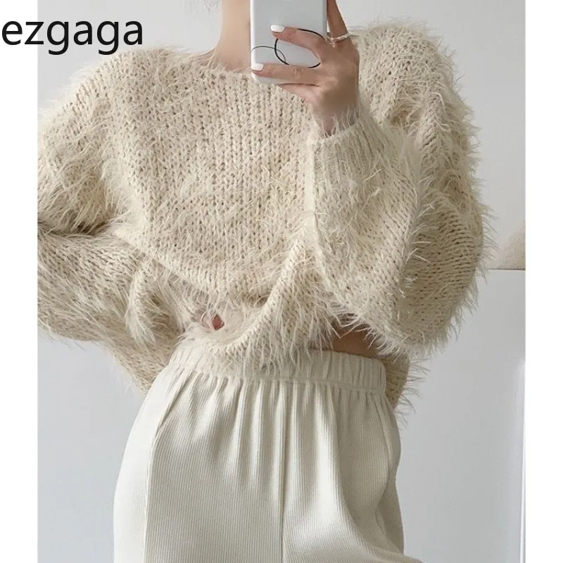 Ezgaga Sweater Women Tassel O Neck Autumn Winter Elegant Loose Solid Fashion Long Sleeve Knitted Pullover Casual Jumper