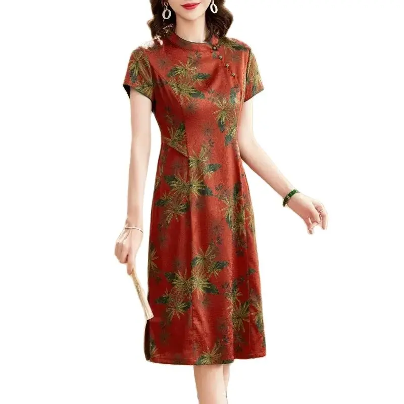 BirdTree, 90%Real Silk Elegant Dresses, Women Short Sleeve Stand Neck Flower, Retro Commute Mom Cheongsam, 2024 Summer D46329QC