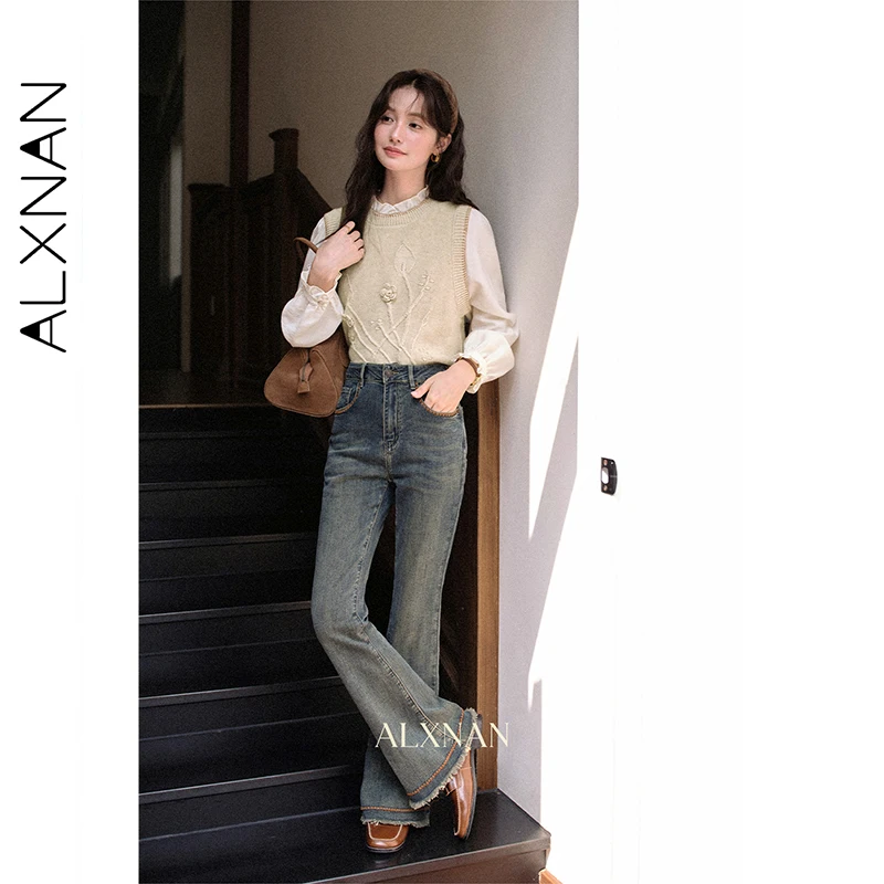 ALXNAN 여성용 청바지 빈티지 하이 웨이스트 우아한 코튼 플레어 청바지 2025 가을 캐주얼 오피스 레이디 롱 팬츠 여성 L57010