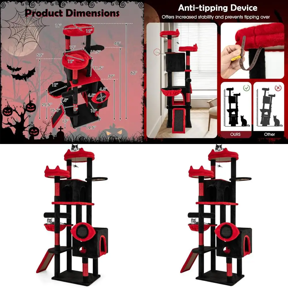 

Большая кошачья лежанка-башня в готическом стиле с сизалевыми столбиками, пандусом, 2 площадками, игрушками-пауками, платформой для летучих мышей, корзиной-лежанкой, черно-красная