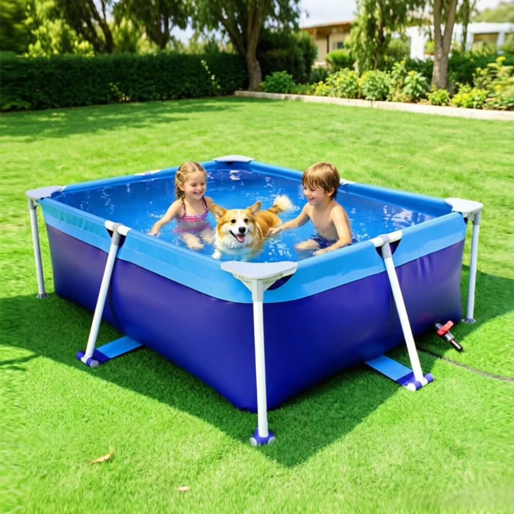 Rectangular Above Ground Swimming Pool with Steel Frame, Outdoor Rectangle Metal Frame Pool for Backyard, Garden & Patio