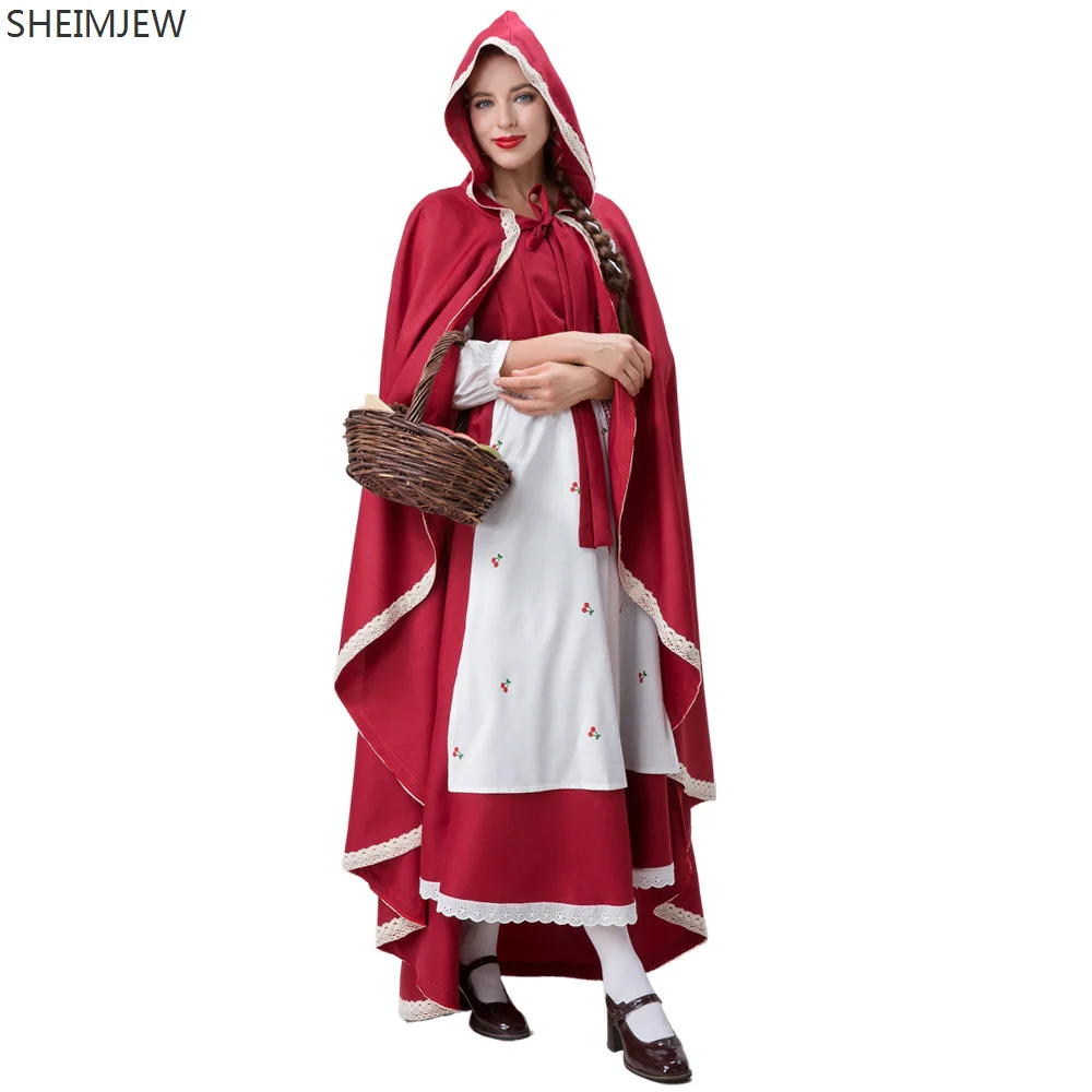 

Sexy Women Little Red Riding Hood Cosplay Outfit Medieval Vintage Royal Court Queen Fantasia Dress Carnival Fairy Tale Stage Set