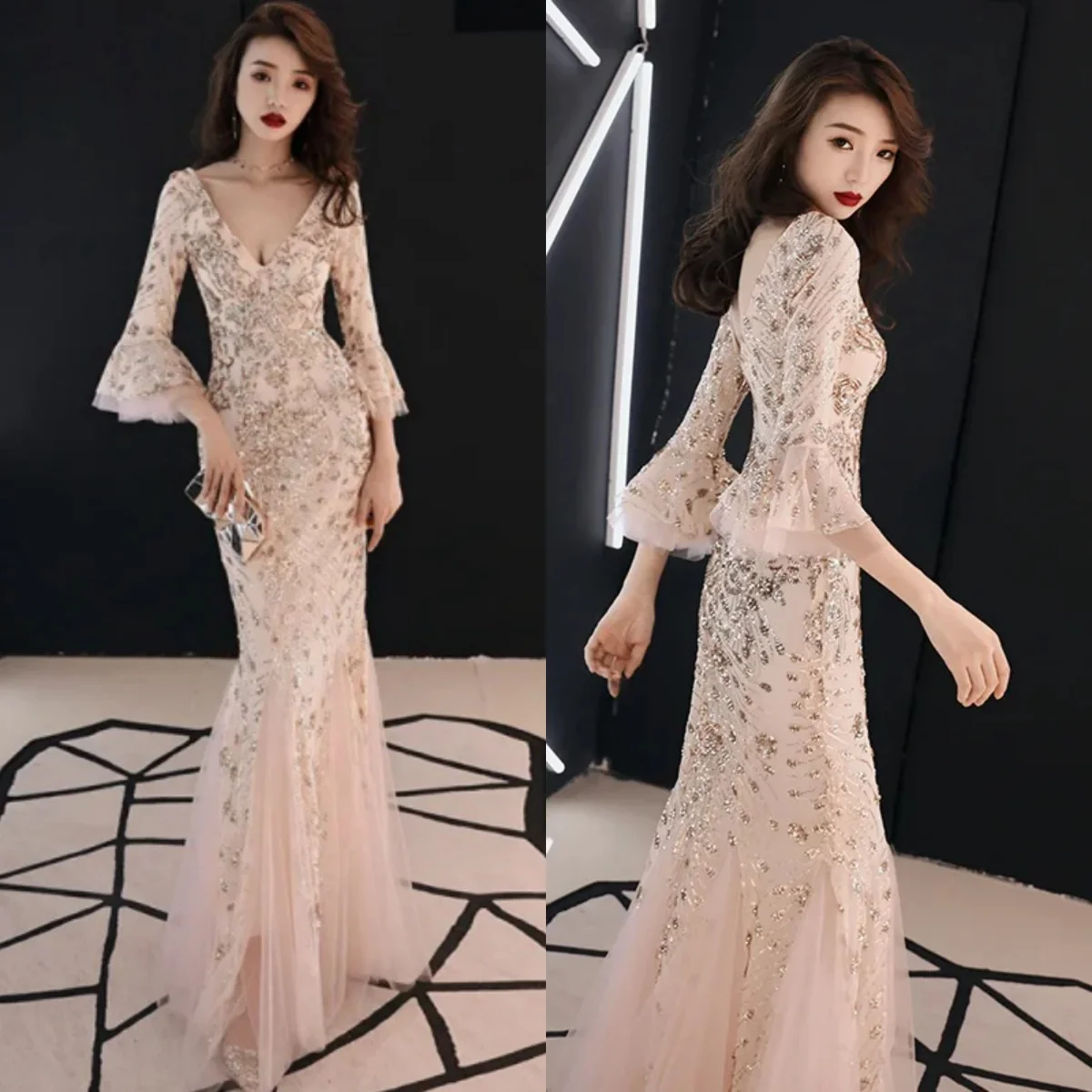 

Evening Dresses Champagne Sequins V-neck 3/4 Flare Sleeves Mermaid Trumpet Floor Length Pluss size Women Party Formal Gown E063