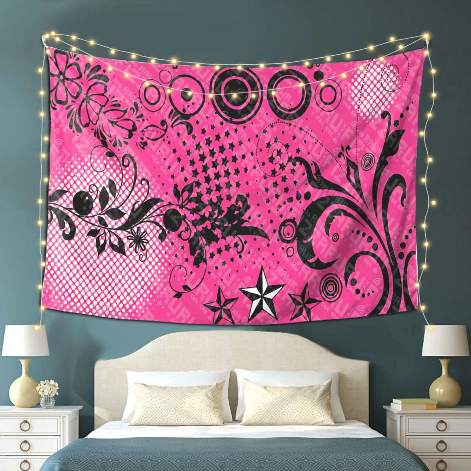 VIKAMA Y2K Millennium Style Black Pink Graffiti Wandteppich mit Stern-, Blumen-, Wellen- und Punktdruck, Hängetuch zur Raumdekoration – Detail 4