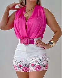 Conjunto Sexy de 2 piezas para mujer, Top sin mangas con cuello Halter, pantalones cortos estampados, traje elegante para ir a la Oficina, Verano