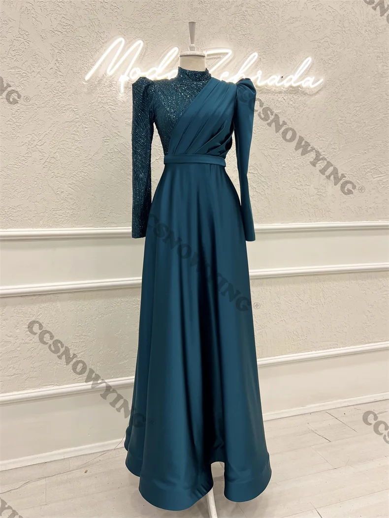 Vestidos De Noche musulmanes De manga larga con lentejuelas De satén champán, Hijab islámico Formal, De cuello alto vestido De fiesta, túnicas árabes De Soirée