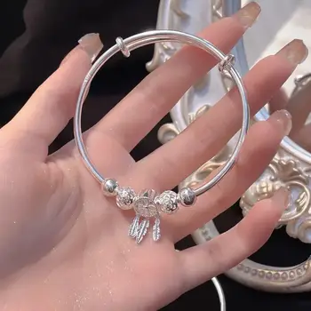 925純銀女士手鍊,流蘇羽毛圓珠手鐲,可調式吊墜手鍊,奢華婚禮珠寶禮品 10 最佳銷售 潘朵拉手鐲 - №5