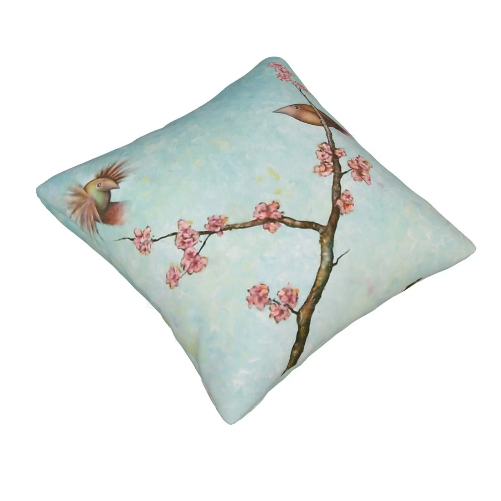 Rendezvous Home Sofa Car Waist Throw Pillowcase Blue Landscape Sky Flowers Tree Nature Pink Birds Wildlife Flight Cherry Branch