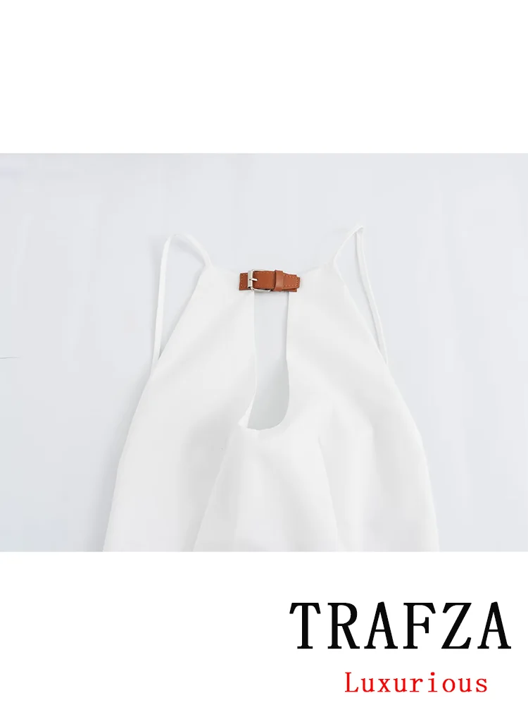 TRAFZA-Vestido corto recto de verano para mujer, minivestido blanco liso con espalda descubierta y cremallera, Estilo Vintage e informal, a la moda, 2024