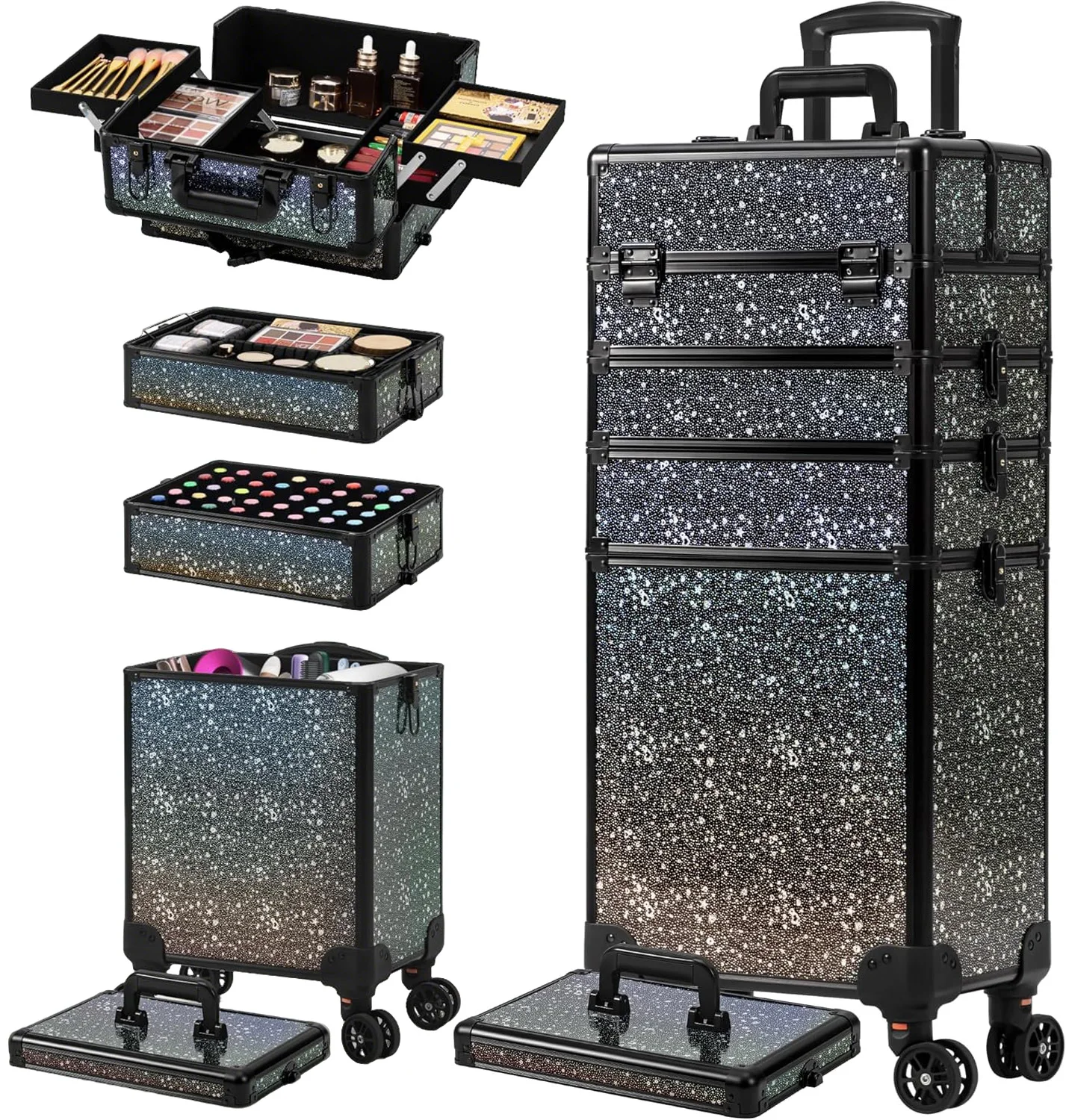 Rolling Makeup Train Case 5in1 Cosmetology Case on Wheels Large Cosmetic Organizer Travel Cart for Hairstylist Artist Nail Salon