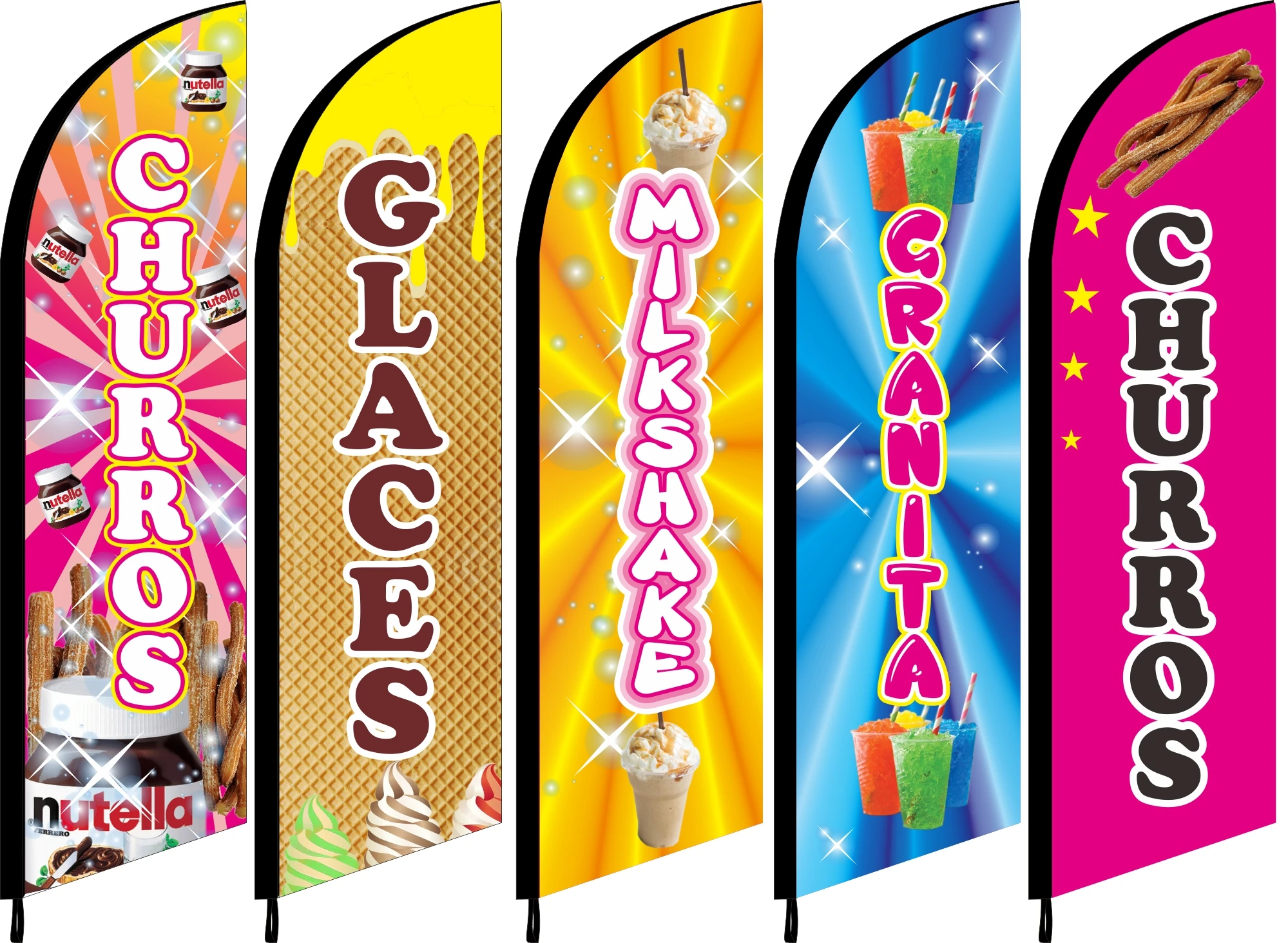 Feather Flag Beach Swoop Blade Knife Banner, Milk Shake, Ice Cream, Chamoyadas Granita Glace Churros Bubble Waffel, Custom Print