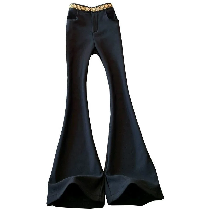 موضة جديدة سليم متوهج السراويل النساء الخريف عالية الخصر رقيقة الماس جيب جرس قيعان دعوى بنطلون الملابس النسائية