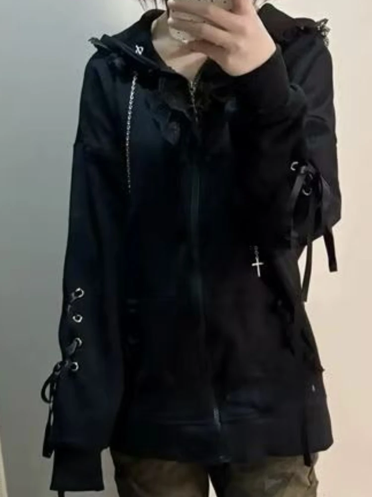 Felpa con cappuccio subcultura gotica vintage autunnale da donna manica lunga giapponese dolce pizzo nero cappotto con cappuccio moda casual cappotto allentato nuovo