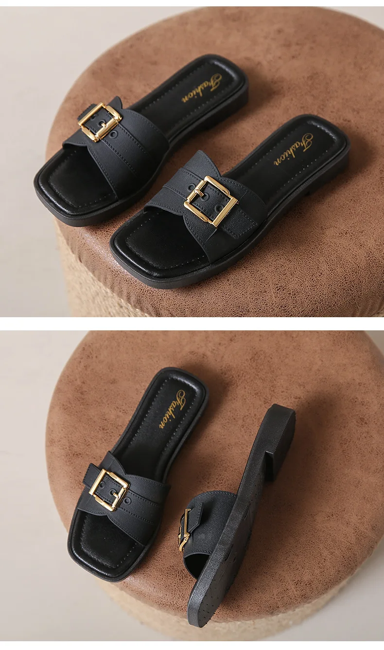 Frauen Flache Hausschuhe Sommer Leder Karree Frauen Wohnungen Flip-Flops Designer Damen Rutschen Sandalen Frauen Schuhe Luxus Sandalen – Detail 23